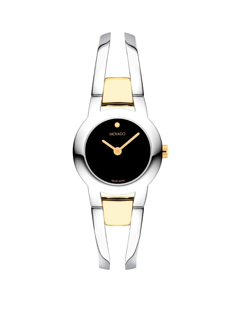 Movado Two-Tone Silver and Gold Bangle Watch with Black Dial
